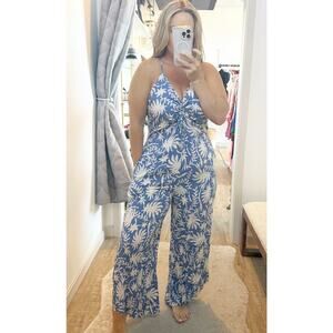 Japna Wide Leg Floral One Piece Jumpsuit Blue White XL